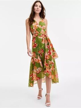 Anne Klein Women's Floral-Print High-Low Faux-Wrap Dress